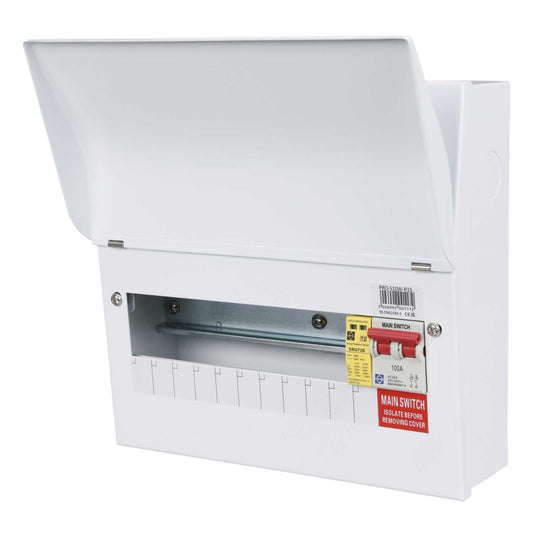 Lewden 10 Way 100A Isolator Incomer Metal Clad Consumer Unit with Type 2 SPD Square KOs