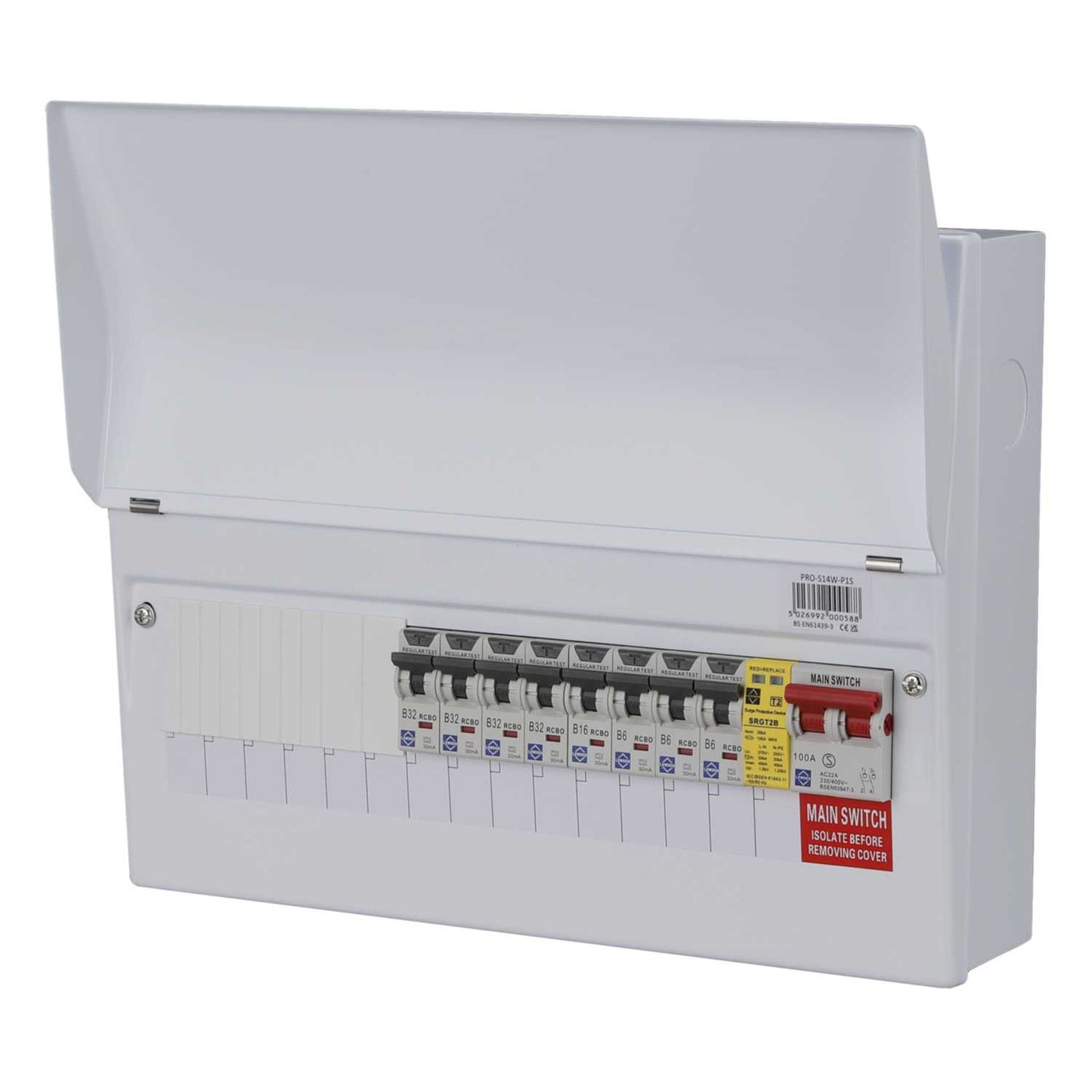 Lewden 14 Way 100A Isolator Metal Clad Consumer Unit with Type 2 SPD and 8 x RCBOs