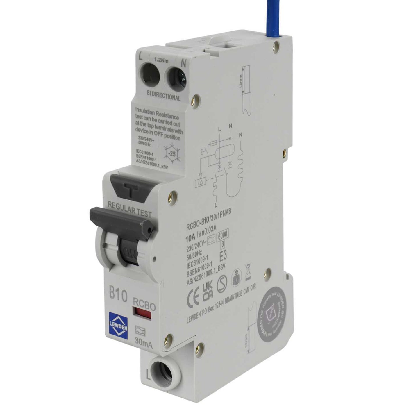 Lewden 10A 1P+N 1 Module Bidirectional B Curve 6kA 30mA Type A Compact Rcbo