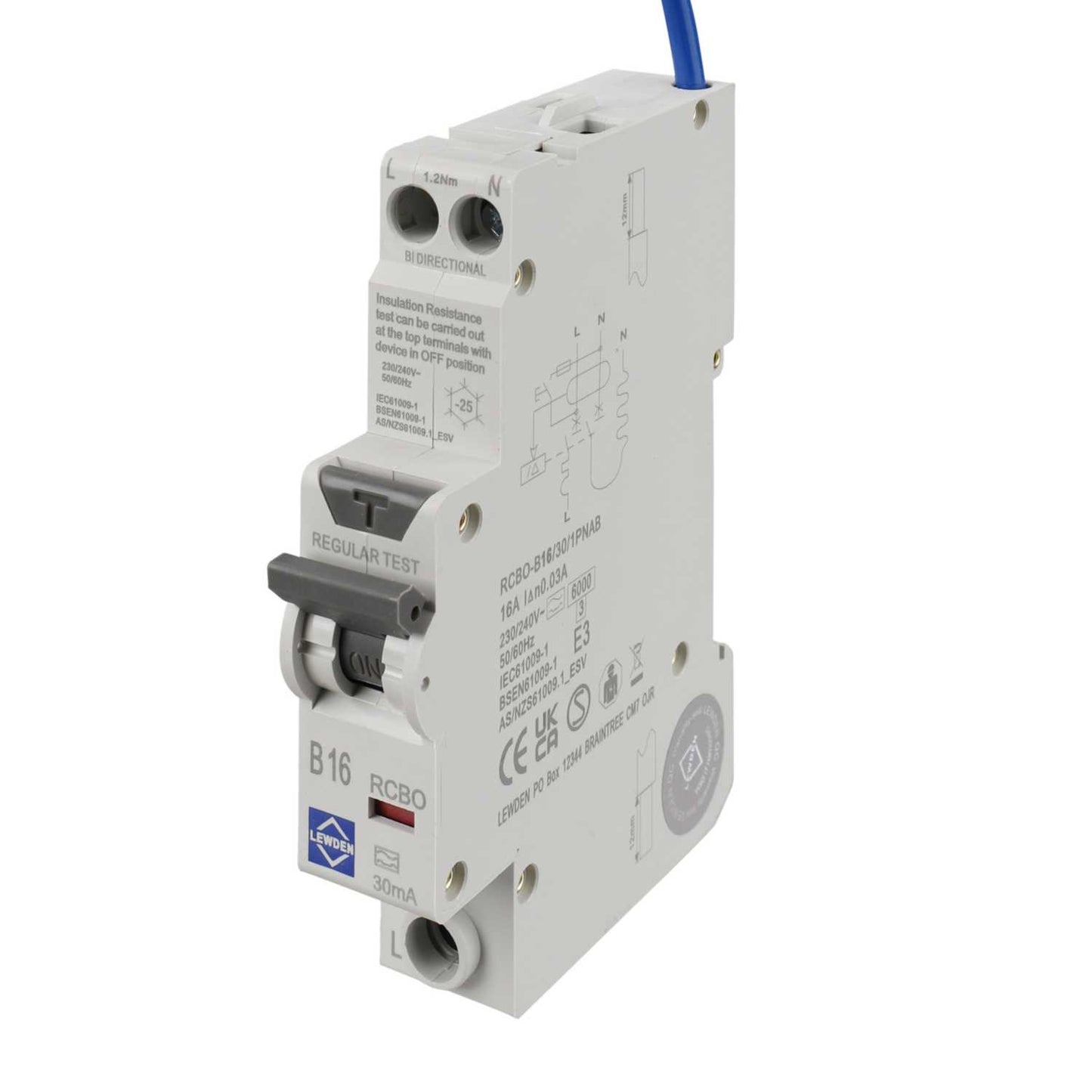 Lewden 16A 1P+N 1 Module Bidirectional B Curve 6kA 30mA Type A Compact Rcbo
