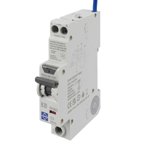 Lewden 20A 1P+N 1 Module Bidirectional B Curve 6kA 30mA Type A Compact Rcbo