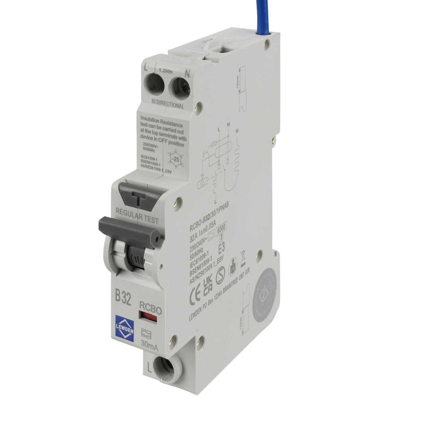 Lewden 32A 1P+N 1 Module Bidirectional B Curve 6kA 30mA Type A Compact Rcbo