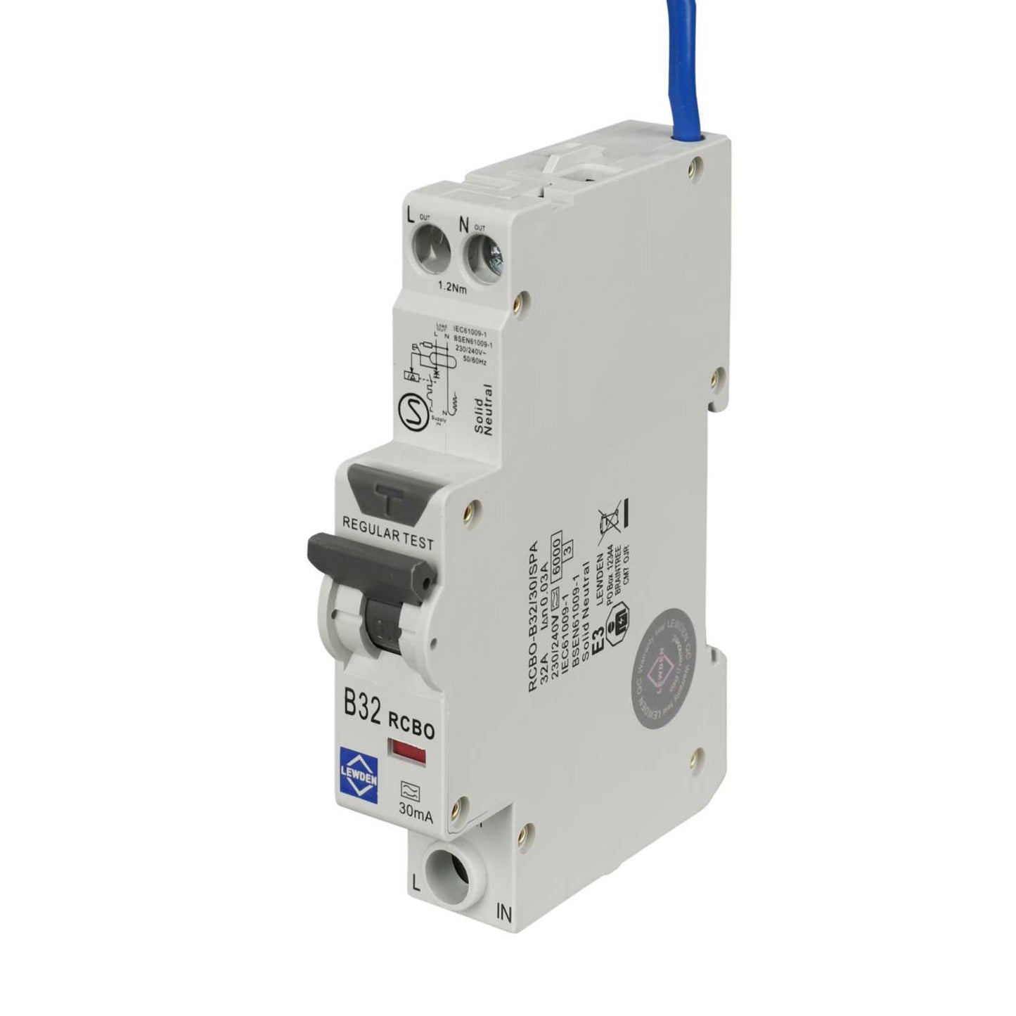 Lewden 32A Single Pole 1 Module B Curve 6kA 30mA Type A Compact Rcbo