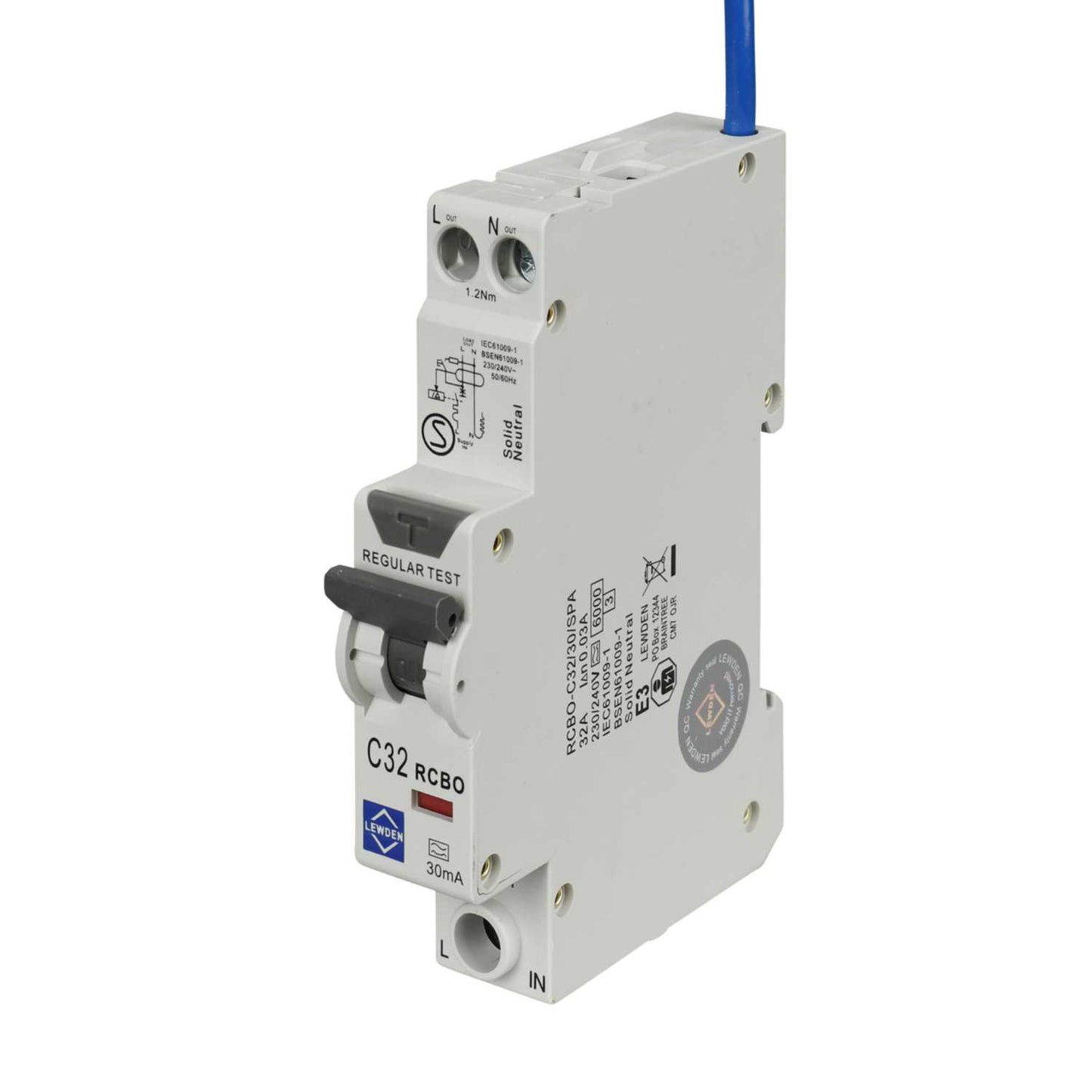 Lewden 32A Single Pole 1 Module C Curve 6kA 30mA Type A Compact Rcbo