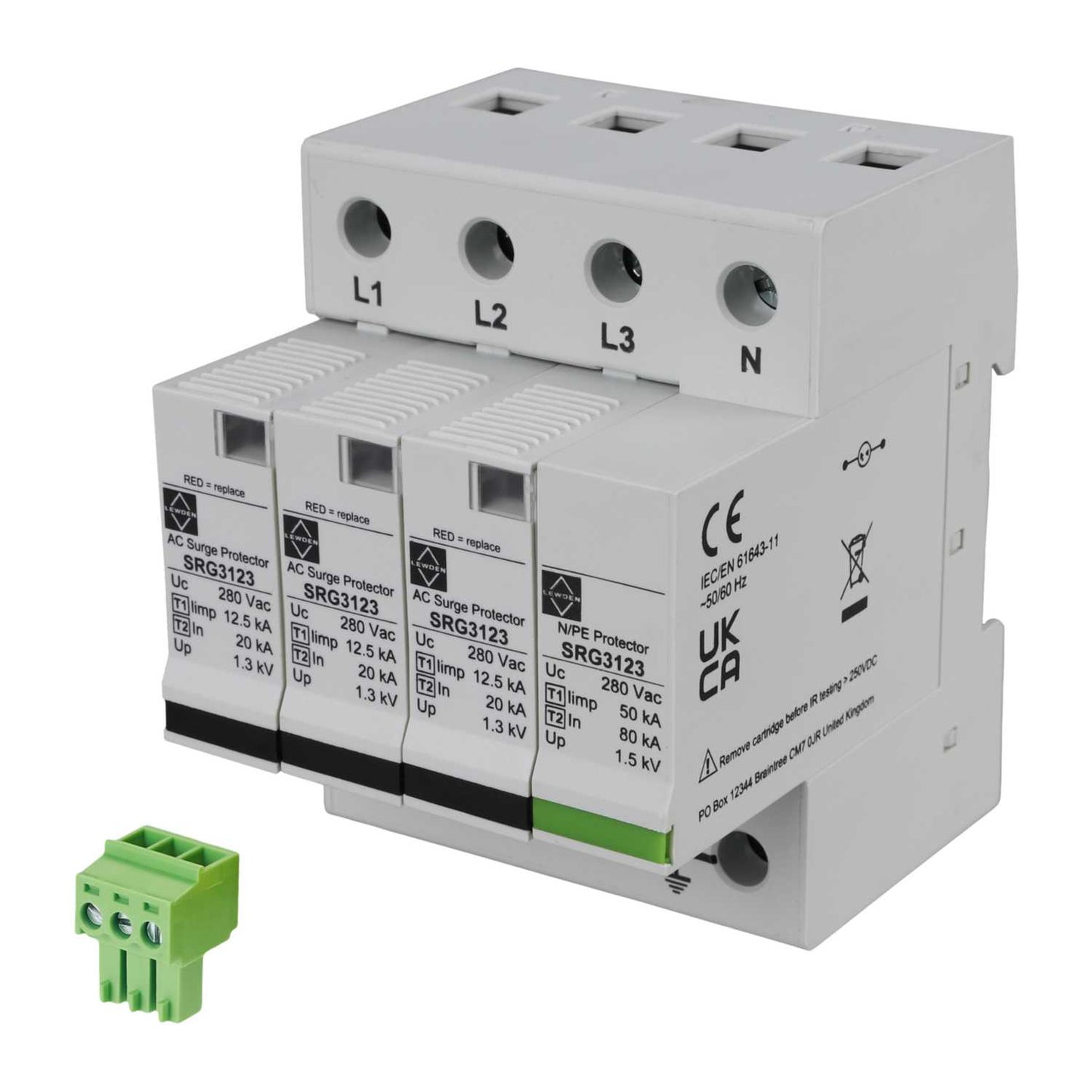 Lewden 50kA 4 Module 3 Pole and Neutral Type 1+2 Surge Protector