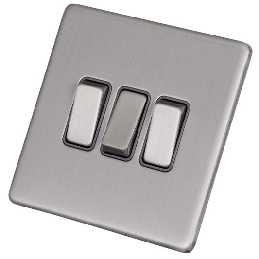 LGA Selectric 10A 3 Gang 2 Way Light Switch Screwless Grey Insert Satin Chrome