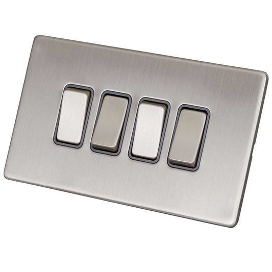 LGA Selectric 10A 4 Gang 2 Way Light Switch Screwless Grey Insert Satin Chrome
