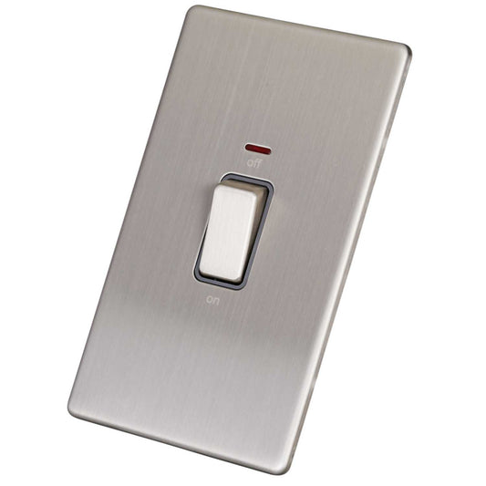 LGA Selectric 45A 2 Gang DP Screwless Vertical Switch with Neon Grey Insert Satin Chrome