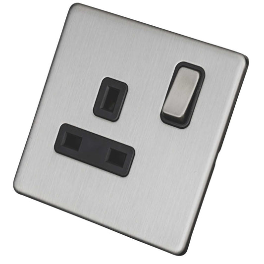 LGA Selectric 13A DP 1 Gang Switched Socket Screwless Grey Insert Satin Chrome