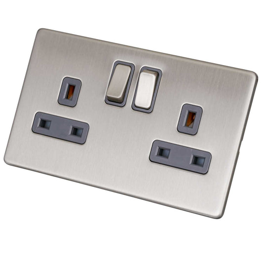 LGA Selectric 13A DP 2 Gang Switched Socket Screwless Grey Insert Satin Chrome