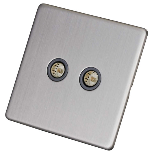 LGA Selectric 1 Gang Twin Coaxial Socket Screwless Grey Insert Satin Chrome