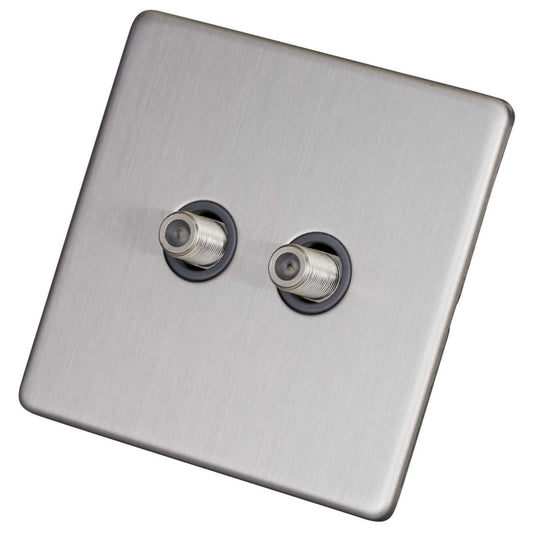 LGA Selectric 2 Gang Twin Satellite Socket Screwless Grey Insert Satin Chrome