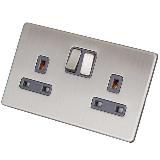 LGA Selectric 13A 2 Gang Switched Socket Screwless Grey Insert Satin Chrome
