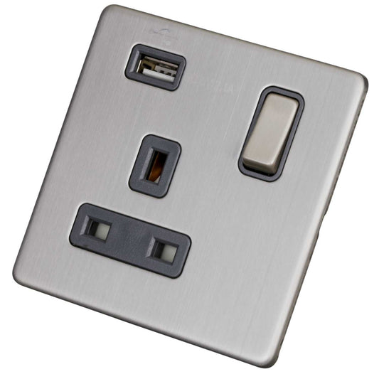 LGA Selectric 13A 1 Gang Switched Socket with USB Outlet Screwless Grey Insert Satin Chrome