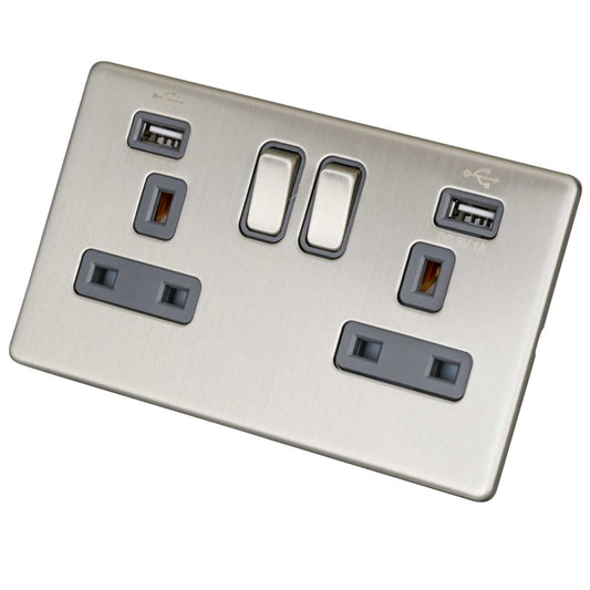 LGA Selectric 13A 2 Gang Switched Socket with USB Outlet Screwless Grey Insert Satin Chrome