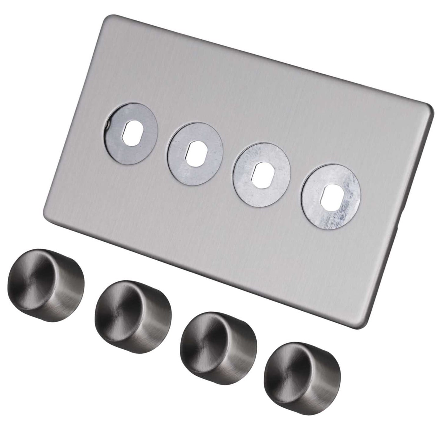 LGA Selectric 4 Gang Empty Dimmer Plate Screwless Grey Insert Satin Chrome