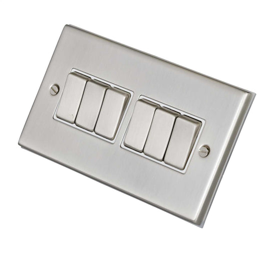 LGA Selectric 7M-Pro 10A 6 Gang 2 Way Switch Metal / White Insert Satin Chrome