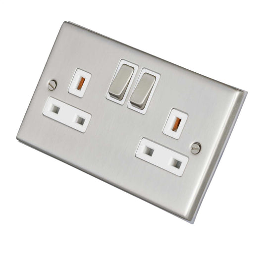 LGA Selectric 7M-Pro 13A DP 2 Gang Switched Socket Metal / White Insert Satin Chrome
