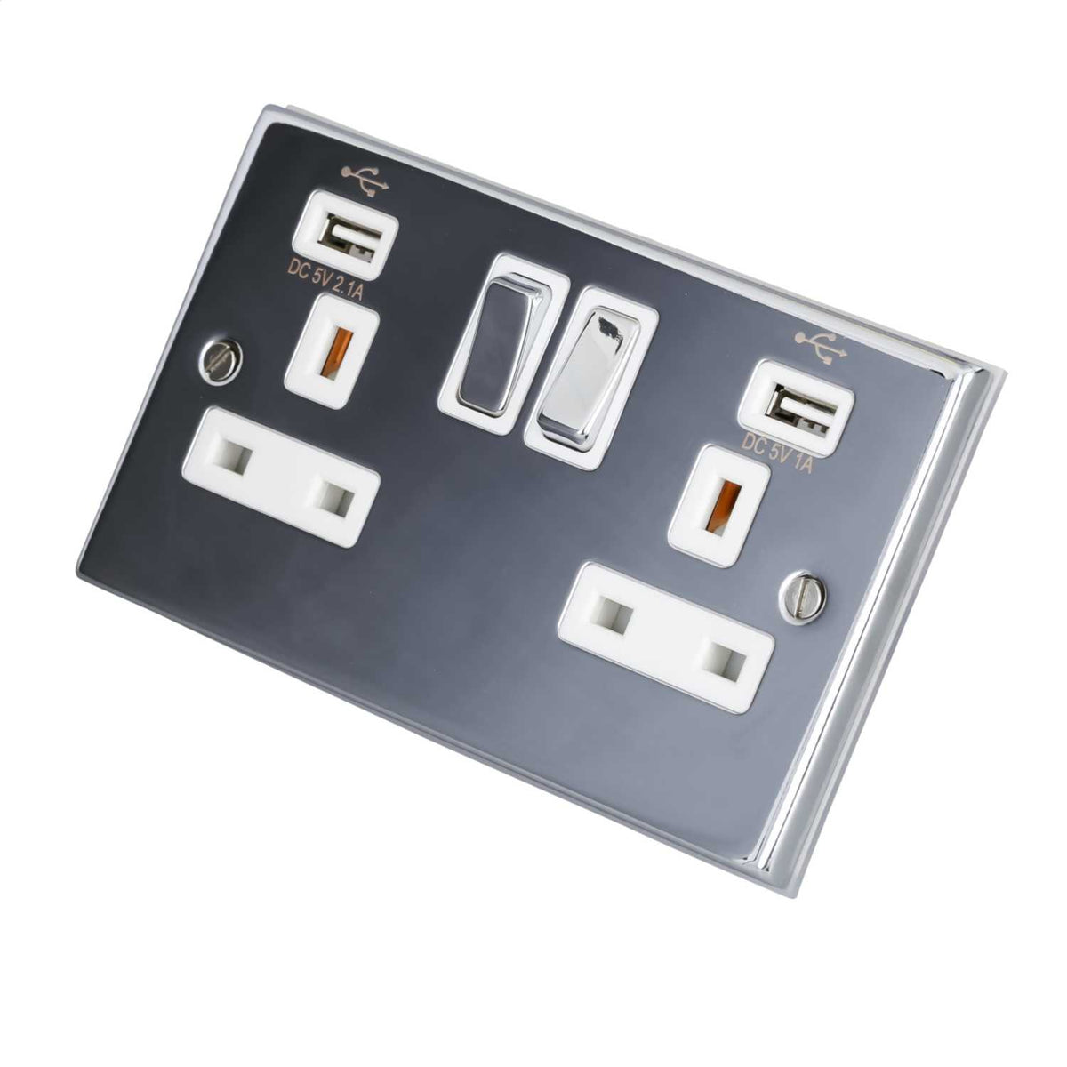 LGA Selectric 7M-Pro 13A 2 Gang Switched Socket Twin USB Metal / White Insert Polished Chrome