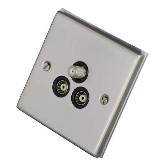 LGA Selectric 7M-Pro 1 Gang Satellite Twin TV/FM Socket Black Insert Satin Chrome