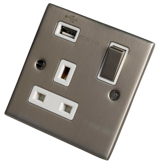 LGA Selectric 5M 13A 1 Gang Switched Socket with USB Outlet Metal / White Insert Satin Chrome