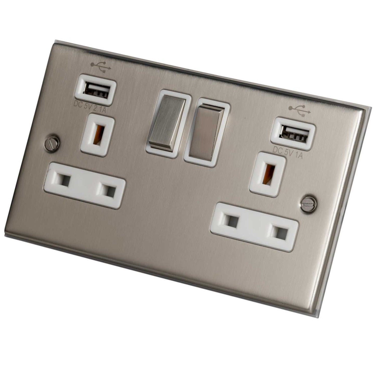 LGA Selectric 5M 13A 2 Gang Switched Socket Twin USB Outlets Metal / White Insert Satin Chrome