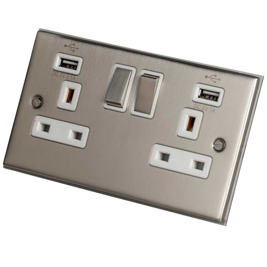 LGA Selectric 5M 13A 2 Gang Switched Socket Twin USB Outlets Metal / White Insert Satin Chrome