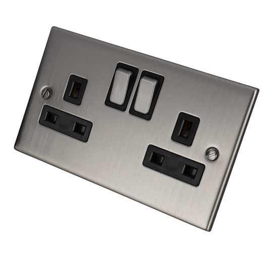 LGA Selectric 5M 13A DP 2 Gang Switched Socket Metal / Black Insert Satin Chrome