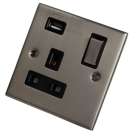 LGA Selectric 5M 13A 1 Gang Switched Socket with USB Outlet Metal / Black Insert Satin Chrome