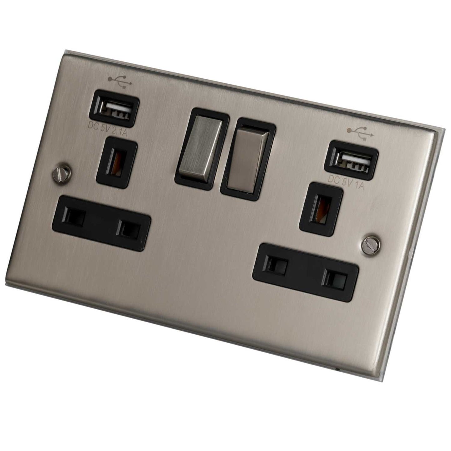 LGA Selectric 5M 13A 2 Gang Switched Socket Twin USB Outlets Metal / Black Insert Satin Chrome