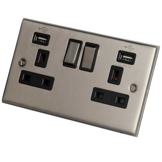 LGA Selectric 5M 13A 2 Gang Switched Socket Twin USB Outlets Metal / Black Insert Satin Chrome