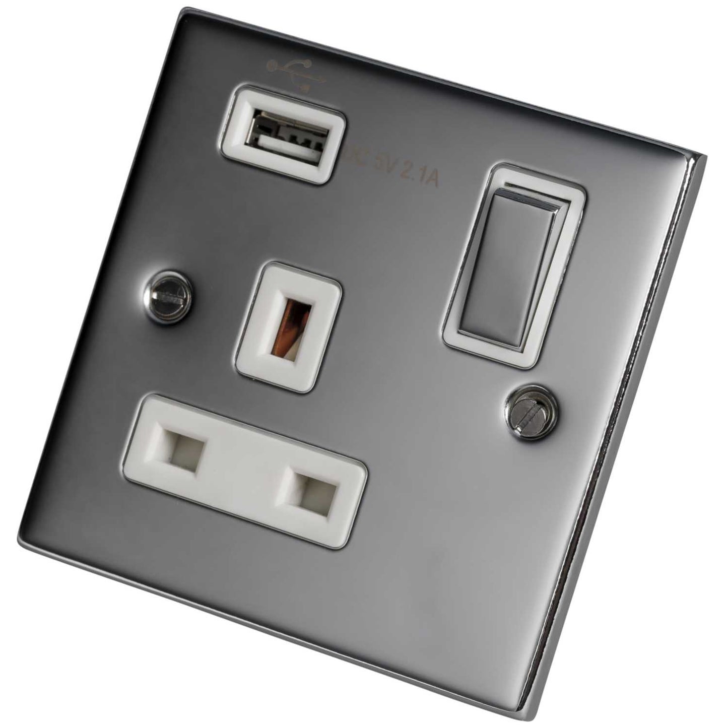 LGA Selectric 5M 13A 1 Gang Switched Socket USB Outlet Metal / White Insert Polished Chrome
