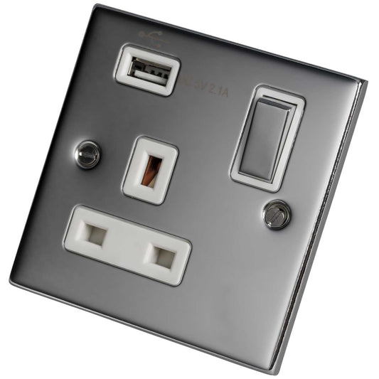LGA Selectric 5M 13A 1 Gang Switched Socket USB Outlet Metal / White Insert Polished Chrome