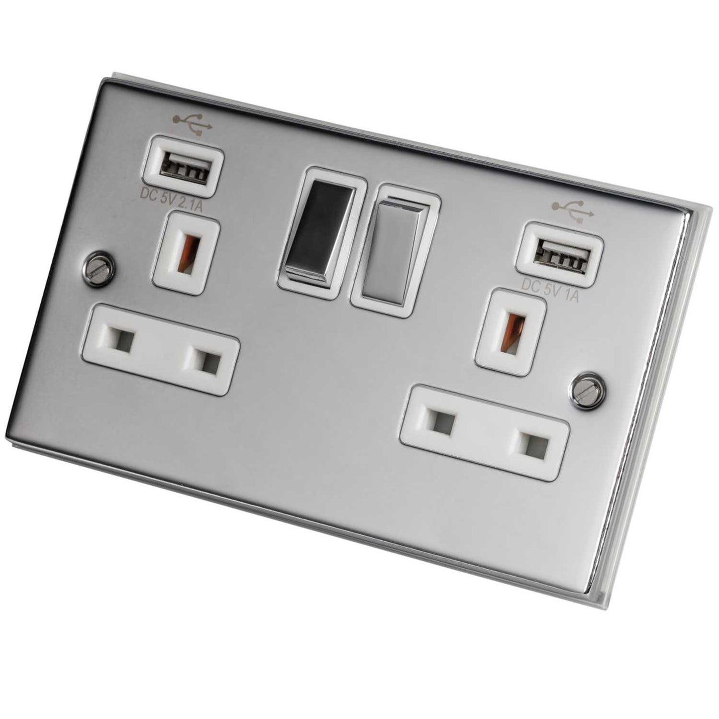 LGA Selectric 5M 13A 2 Gang Switched Socket Twin USB Metal / White Insert Polished Chrome