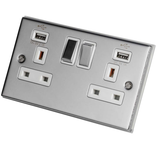 LGA Selectric 5M 13A 2 Gang Switched Socket Twin USB Metal / White Insert Polished Chrome