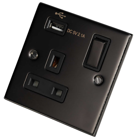 LGA Selectric 5M 13A 1 Gang Switched Socket with USB Outlet Metal / Black Insert Black Nickel