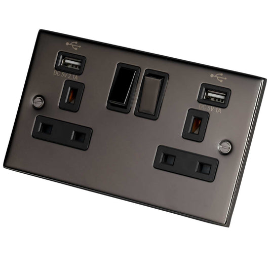 LGA Selectric 5M 13A 2 Gang Switched Socket Twin USB Outlets Metal / Black Insert Black Nickel