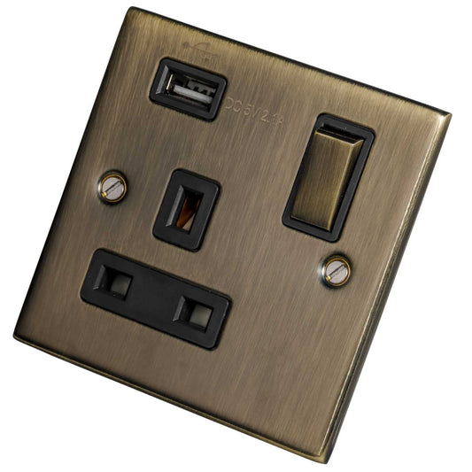 LGA Selectric 5M 13A 1 Gang Switched Socket USB Outlet Metal / Black Insert Antique Brass