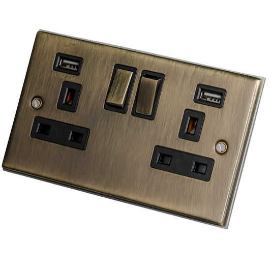 LGA Selectric 5M 13A 2 Gang Switched Socket Twin USB Outlets Metal/Black Insert Antique Brass