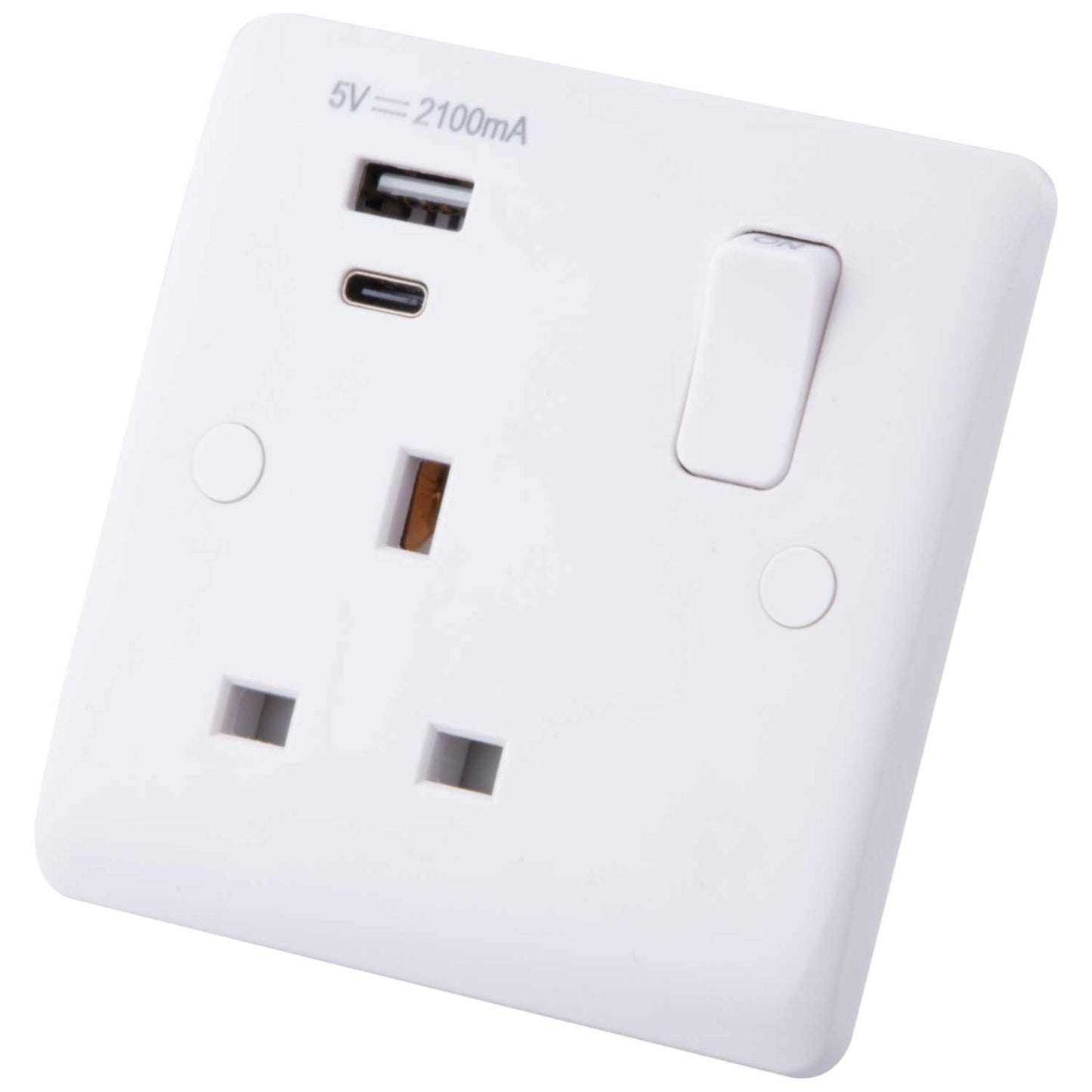 M2 Slimline 13A 1 Gang Switched Socket with 1 x Type A and 1 x Type C USB Outlets White