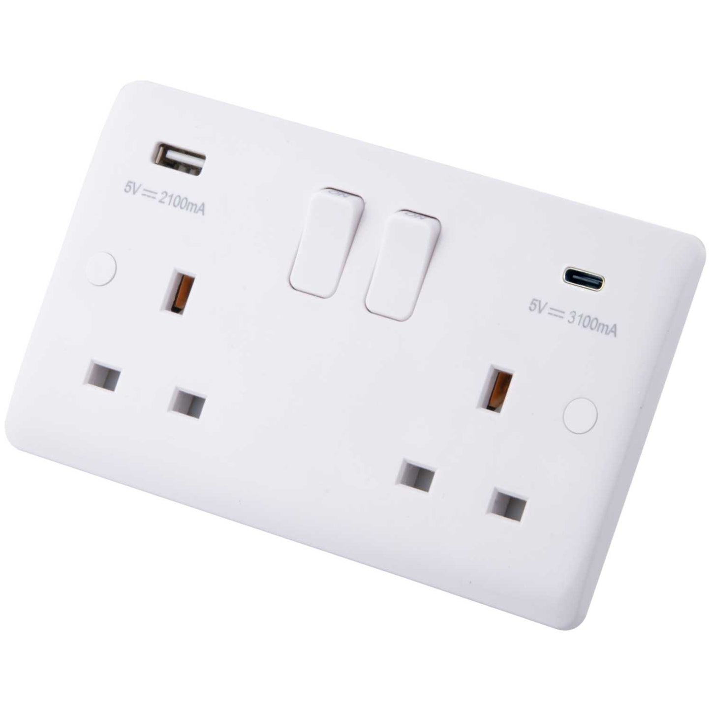 M2 Slimline 13A 2 Gang Switched Socket with 1 x Type A and 1 x Type C USB Outlets White