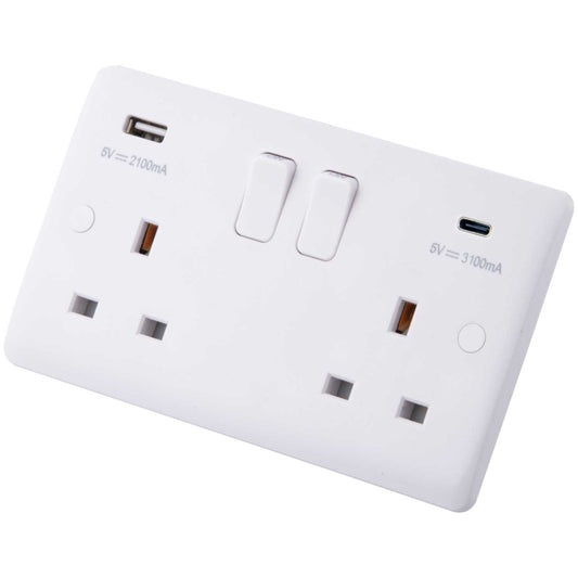 M2 Slimline 13A 2 Gang Switched Socket with 1 x Type A and 1 x Type C USB Outlets White