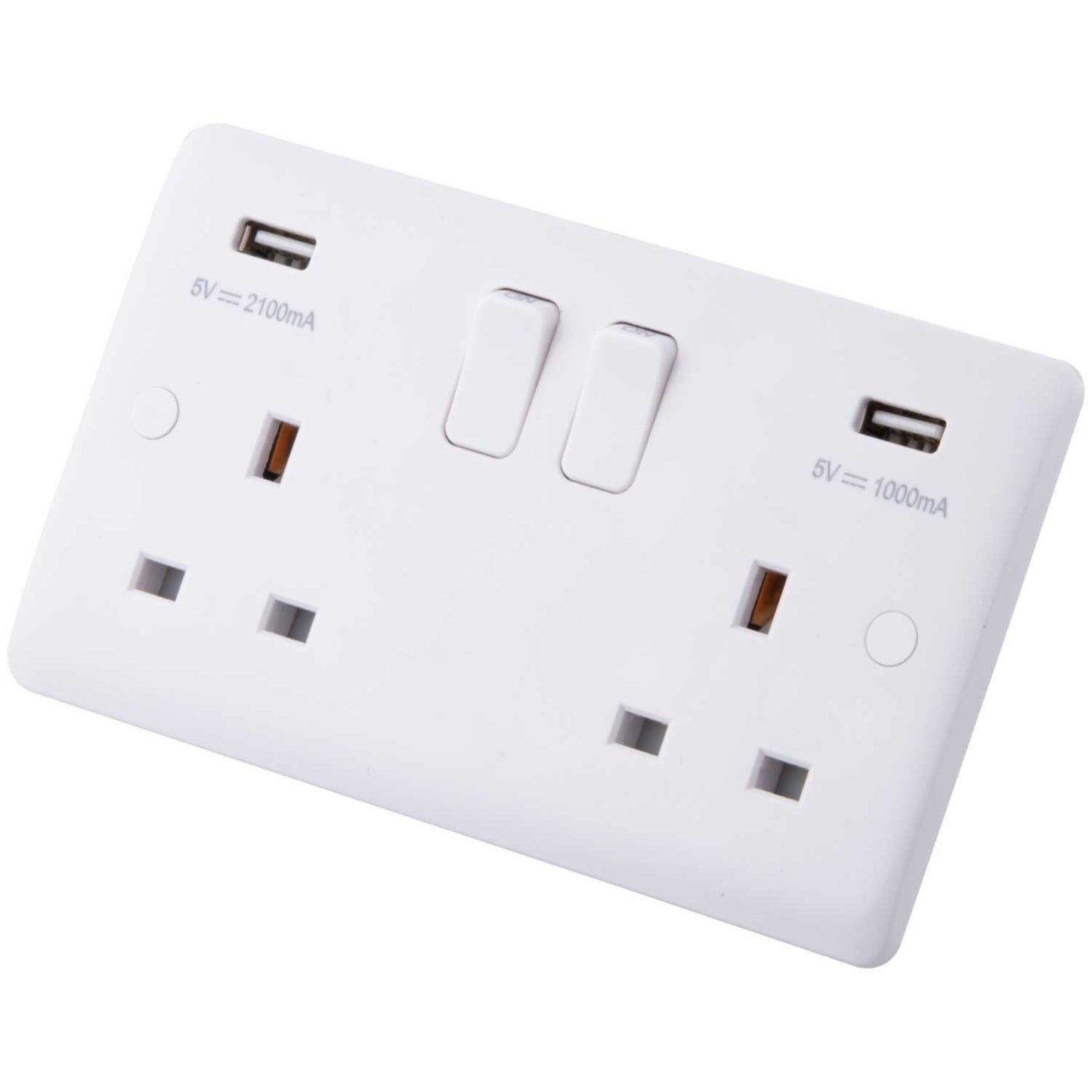 M2 Slimline 13A 2 Gang Switched Socket with Twin USB Outlets White