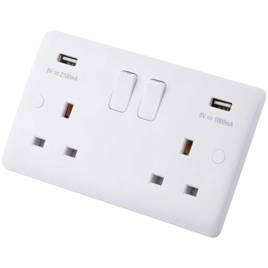 M2 Slimline 13A 2 Gang Switched Socket with Twin USB Outlets White