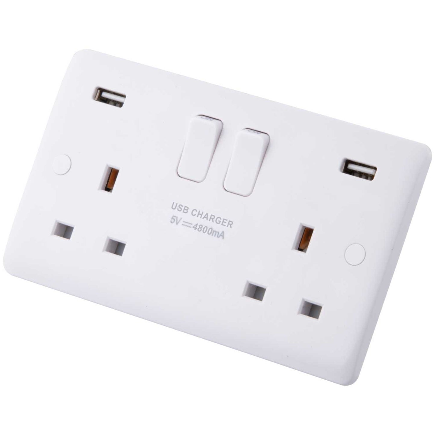 M2 Slimline 13A 2 Gang Switched Socket with Twin USB Outlets White
