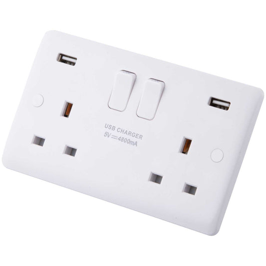 M2 Slimline 13A 2 Gang Switched Socket with Twin USB Outlets White