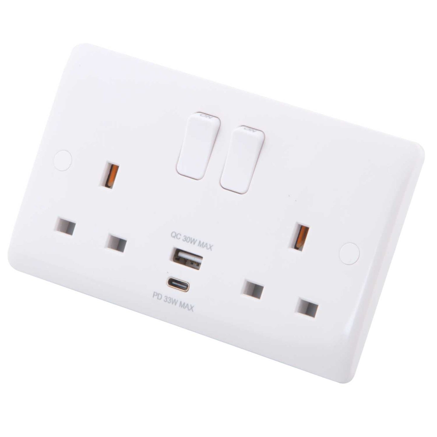 M2 Slimline 13A 2 Gang Switched Socket with 1 x Type A and 1 x Type C 4.8A USB Outlets White