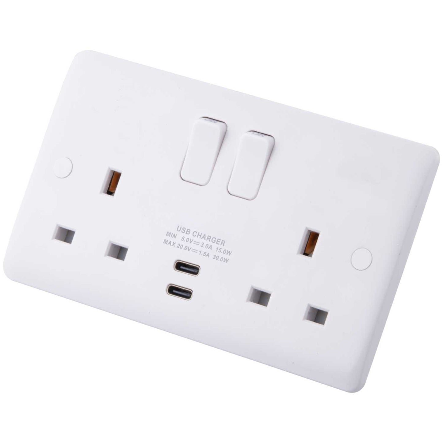 M2 Slimline 13A 2 Gang Switched Socket with Dual USB 2 x Type C Outlets White