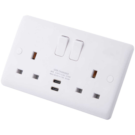 M2 Slimline 13A 2 Gang Switched Socket with Dual USB 2 x Type C Outlets White