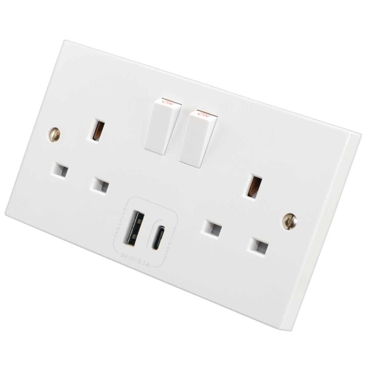 M2 Square 13A 2 Gang Switched Socket with 1 x Type A and 1 x Type C USB Outlet White